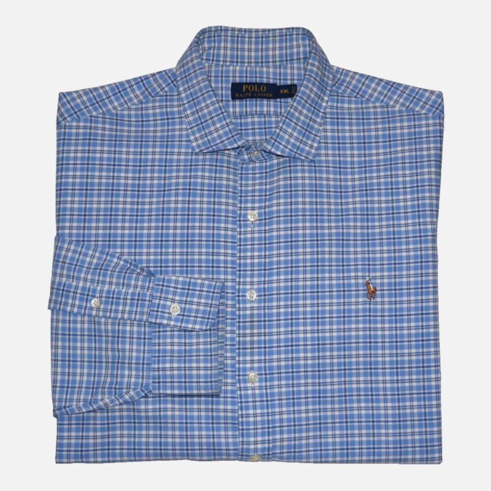 POLO RALPH LAUREN Blue White Plaid Long Sleeve Button Down Shirt Size XXL